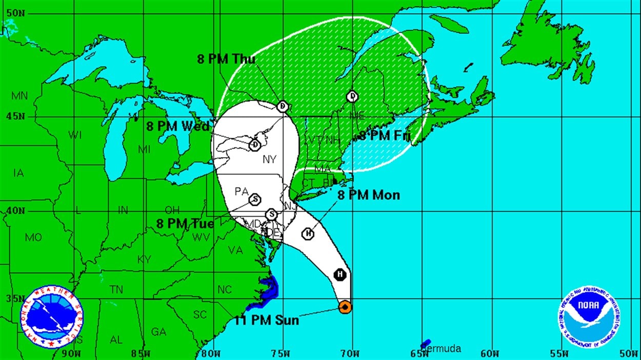 La trajectoire probable de Sandy, à 23 h dimanche.