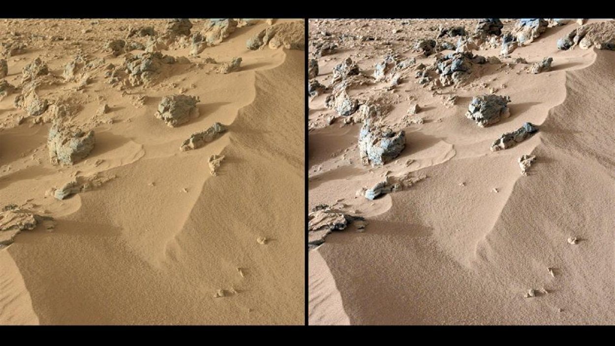 Les couleurs de l'image à gauche ne sont pas modifiés, montrant la scène telle qu'elle apparaît sur Mars. L'image de droite a été équilibrée pour montrer ce à quoi la même zone pourrait ressembler dans les conditions d'éclairage sur la Terre.
