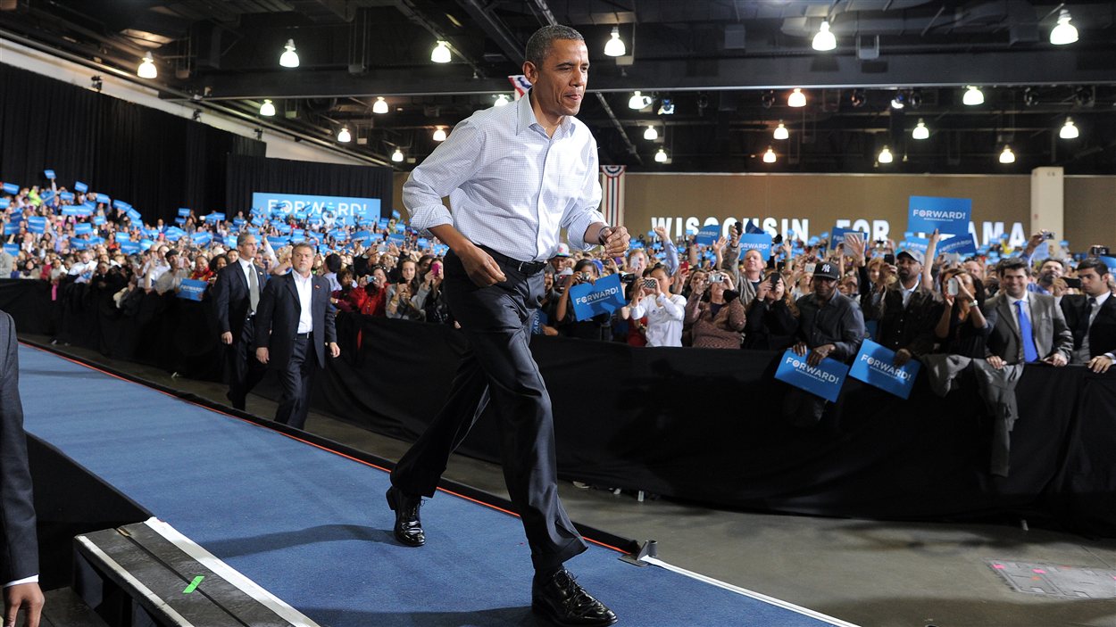 Barack Obama lors d'une prestation devant ses militants au Wisconsin