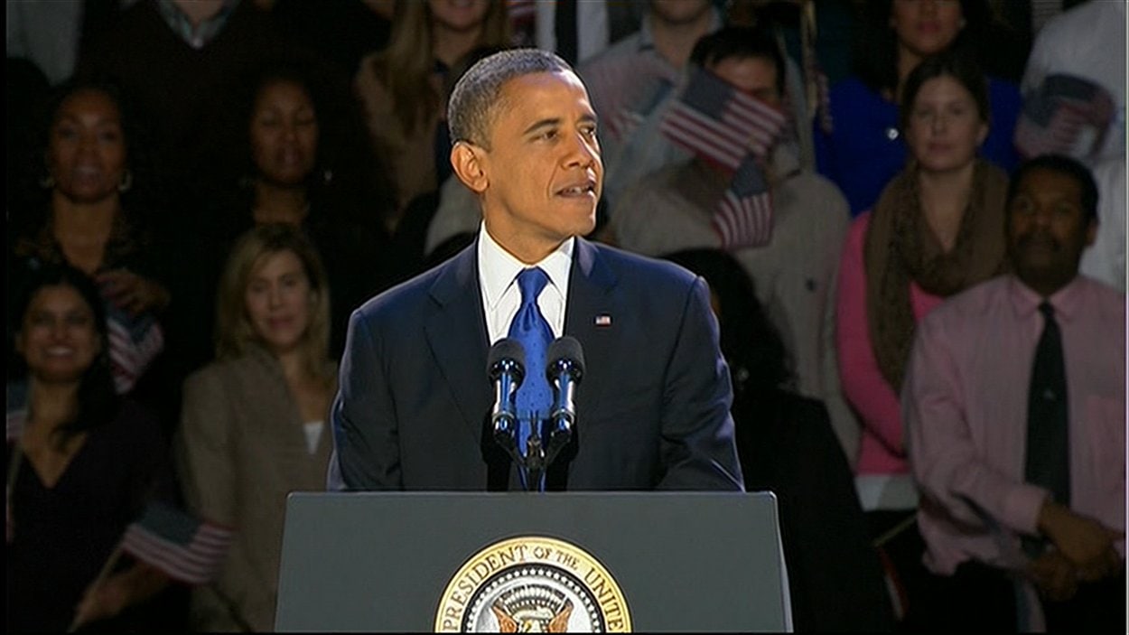 Le président Barack Obama livre son discours de victoire à Chicago.