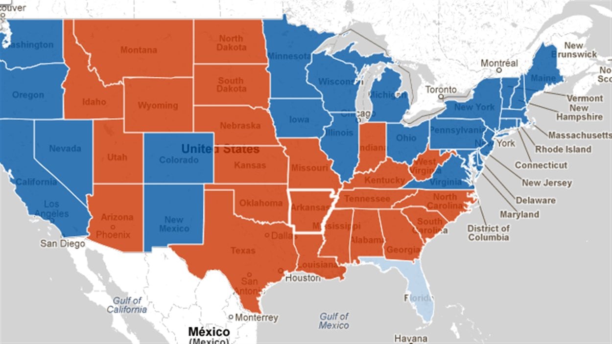 Les États en bleu ont été remportés par Barack Obama et ceux en rouge par Mitt Romney. Hors carte, l'Alaska est allé au candidat républicain et Hawaï au président sortant. Ce dernier est en avance en Floride, mais les résultats ne sont pas finaux.