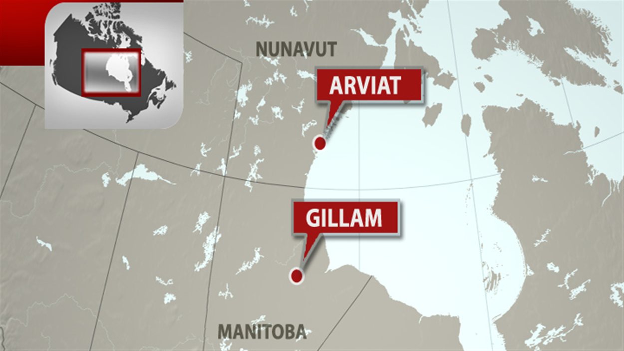 Carte montrant Gillam, au Manitoba et Arviat, au Nunavut.