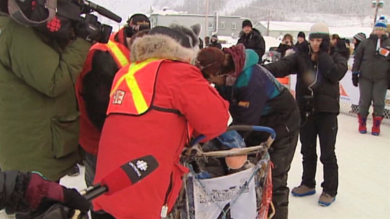 Les responsables de la Yukon Quest 2013 vérifient le contenu du traîneau de Hugh Ness à son arrivée à Dawson City.