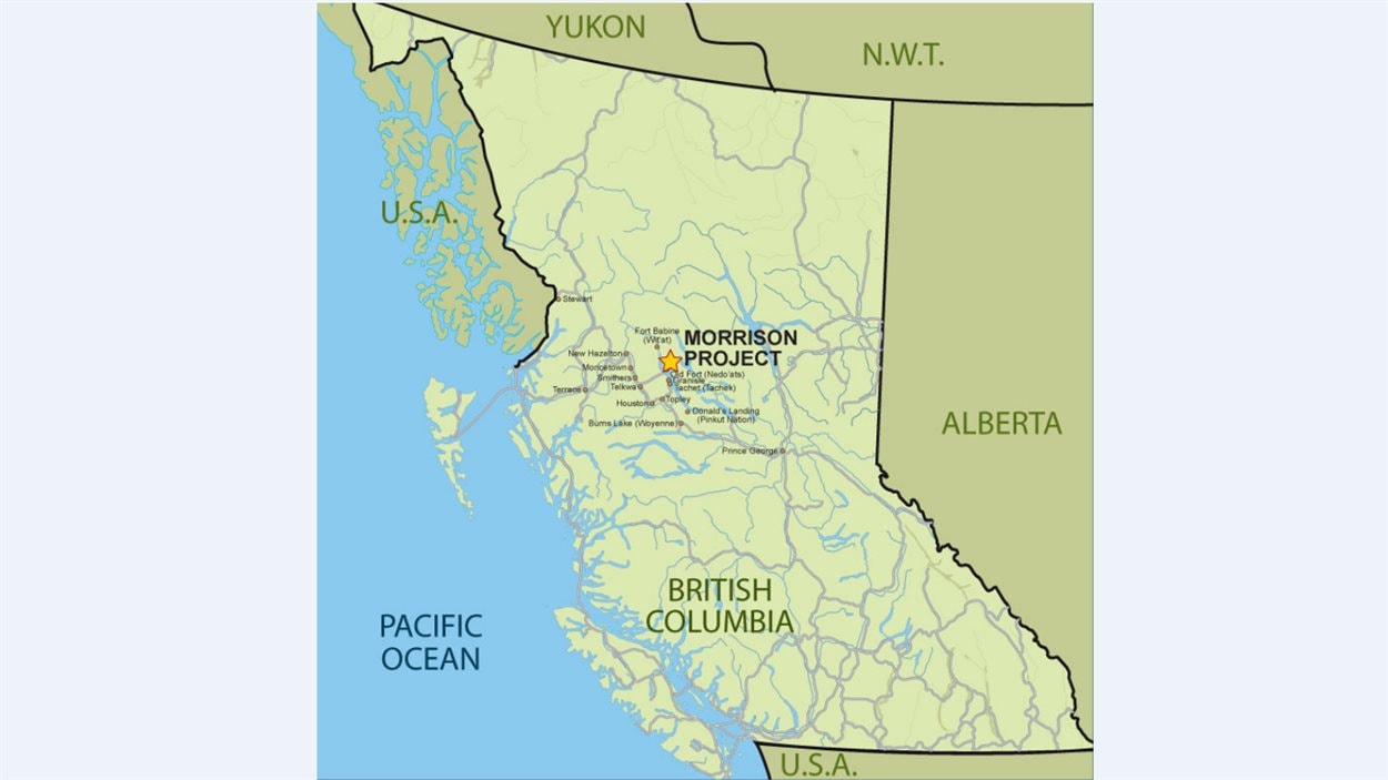 Carte de l'emplacement visé pour le projet de mine d'or et de cuivre de Pacific Booker Minerals, à côté du lac Morrison, dans le centre-nord de la Colombie-Britannique.
