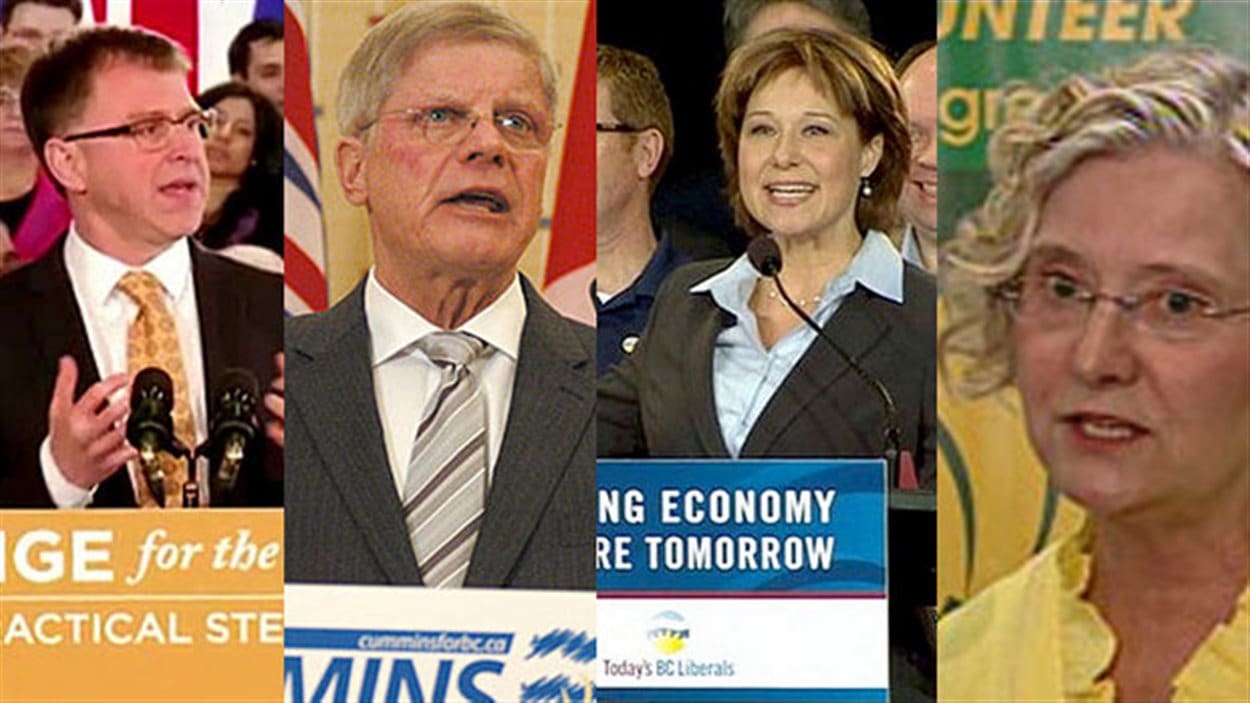 De gauche à droite : Le chef du Nouveau Parti démocratique Adrian Dix, le chef du Parti conservateur John Cummins, la chef du Parti libéral Christy Clark et la chef du Parti vert Jane Sterk.