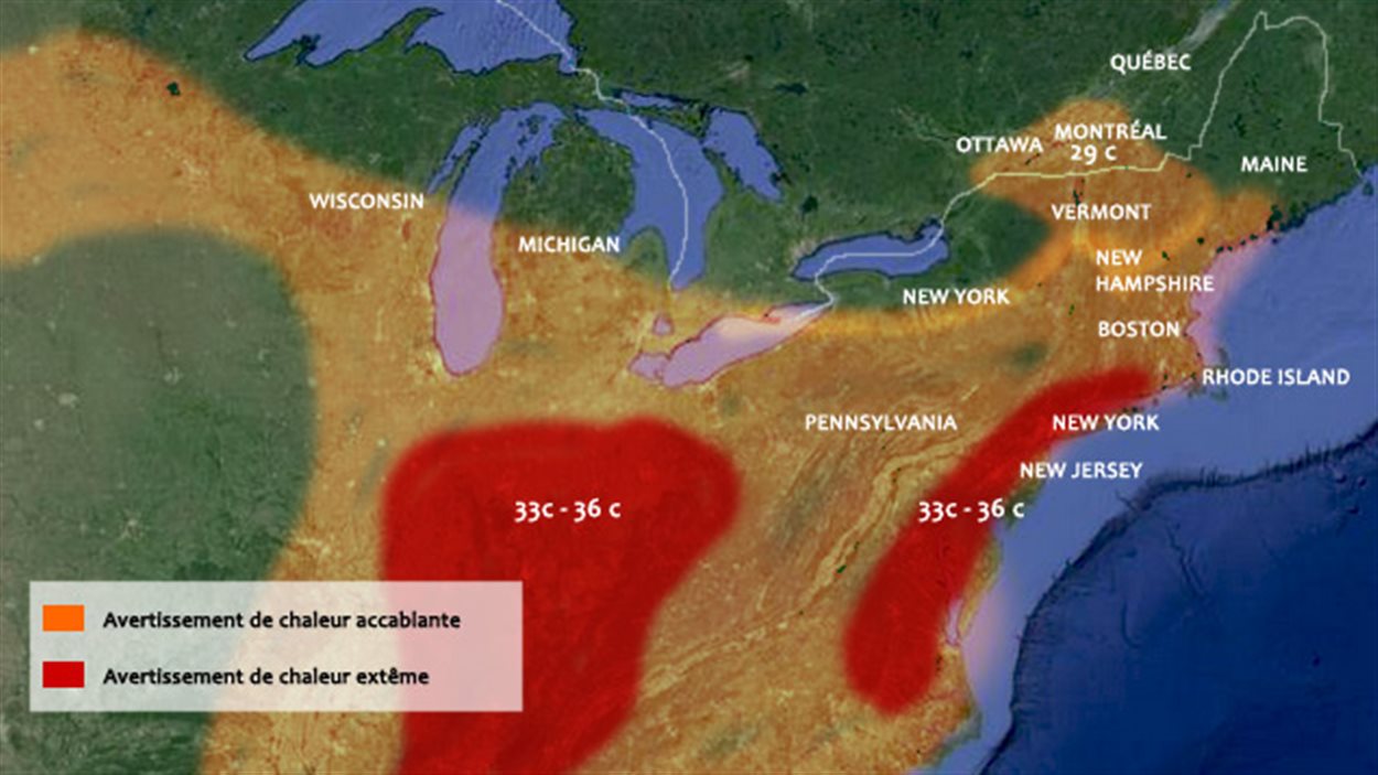 Carte illustrant la vague de chaleur intense qui s'abat sur les États-Unis.