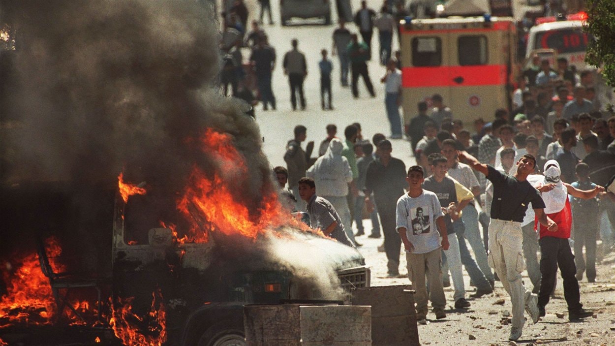 (30 septembre 2000) De jeunes Palestiniens jettent des pierres sur les troupes israéliennes dans la ville de Bethléem, en Cisjordanie. C’est la deuxième Intifada, ou « guerre des pierres ».