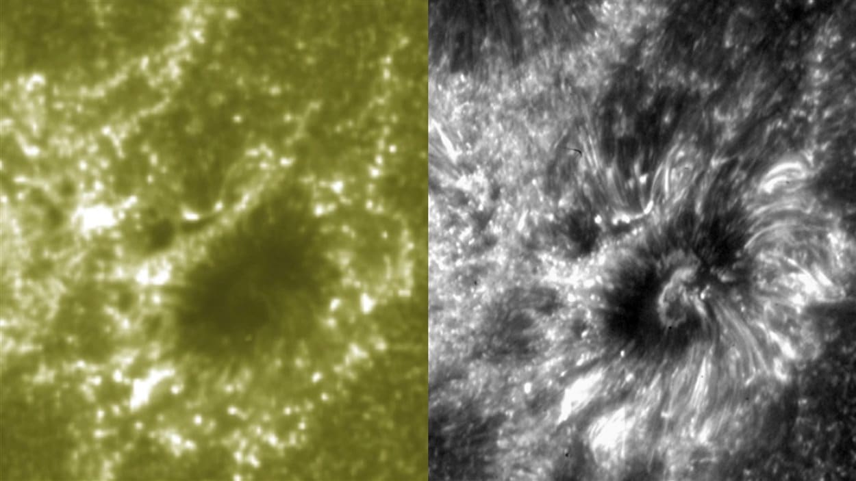 Comparaison entre des images de l'atmosphère du Soleil captées par Iris (à droite) et par le satellite SDO, en orbite depuis 2010 (à gauche)
