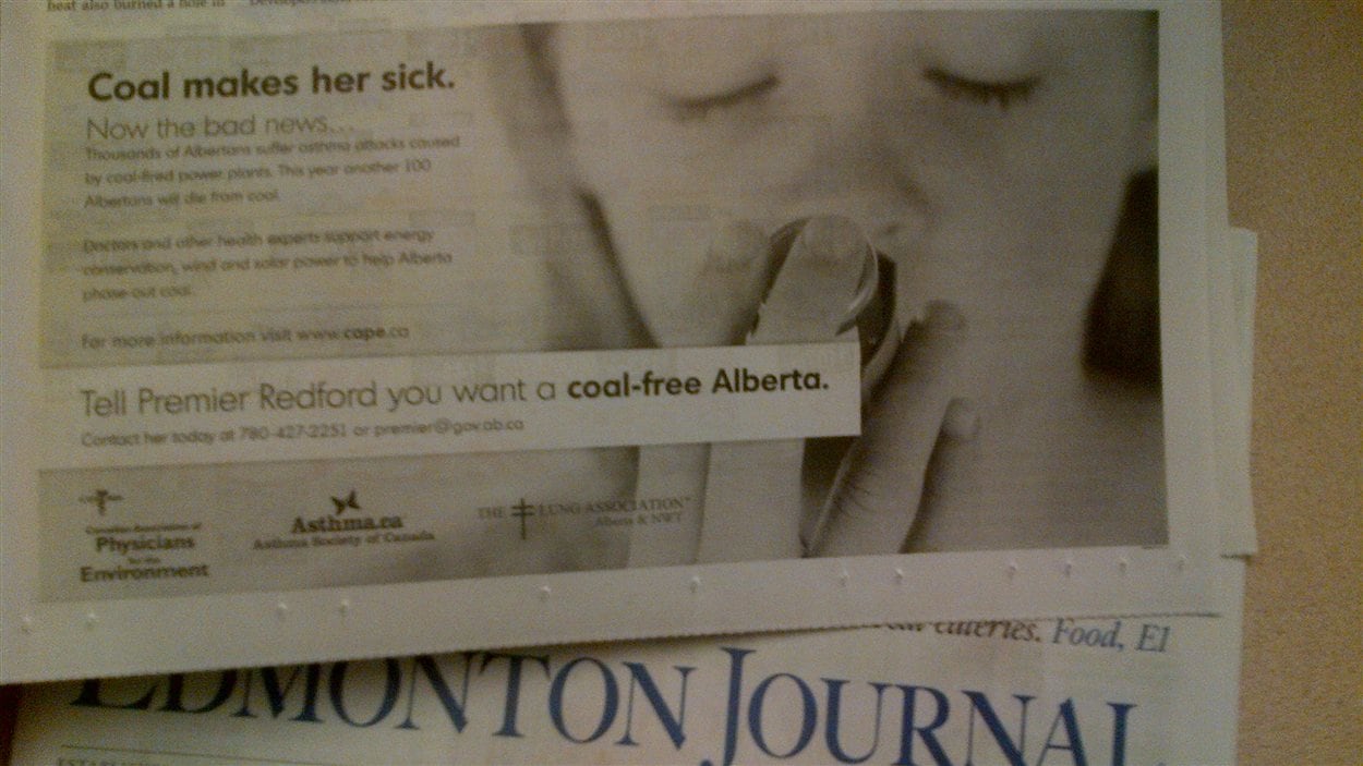 Publicité contre le charbon dans l'Edmonton Journal