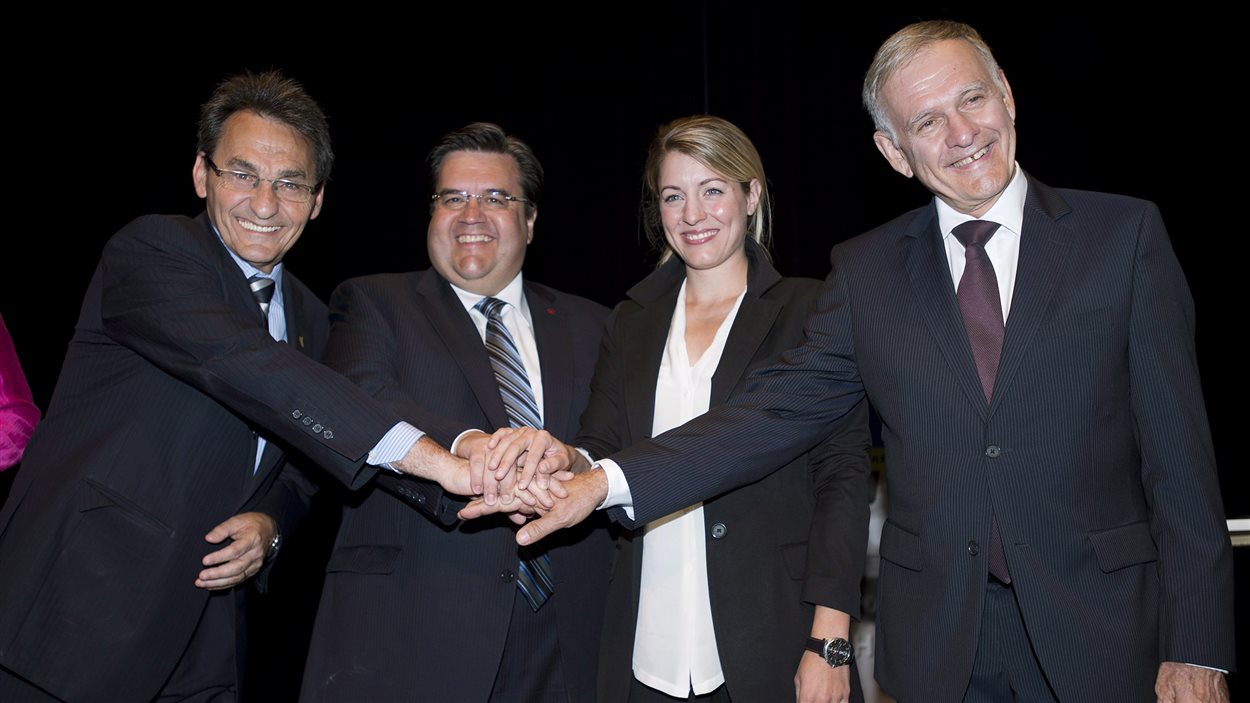Les candidats à la mairie de Montréal Richard Bergeron, Denis Coderre, Mélanie Joly et Marcel Côté.