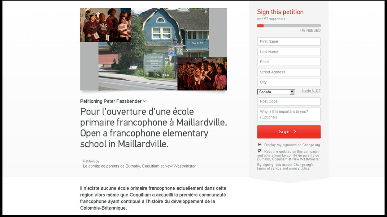 La pétition du comité des parents de Burnaby, Coquitlam et New Westminster pour une école primaire francophone à Maillardville.