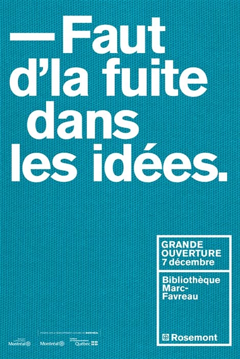 Une des affiches annonçant l'ouverture de la bibliothèque Marc-Favreau, à Montréal