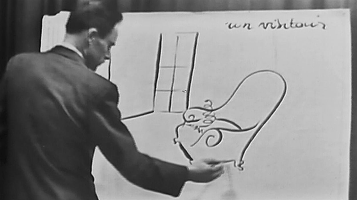 Frédéric Back dessine en direct, à la télévision, dans les années 50.