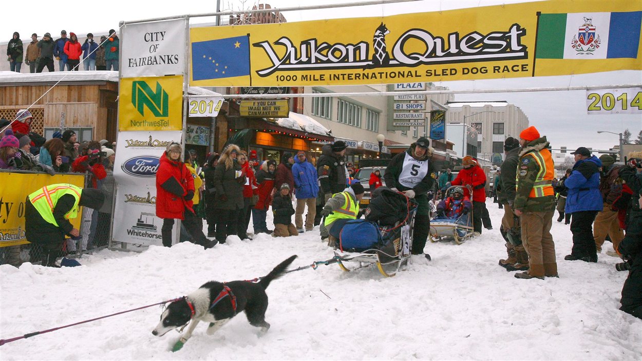Le meneur de chiens Dave Dalton franchit la ligne de départ à Fairbanks le 1er février.