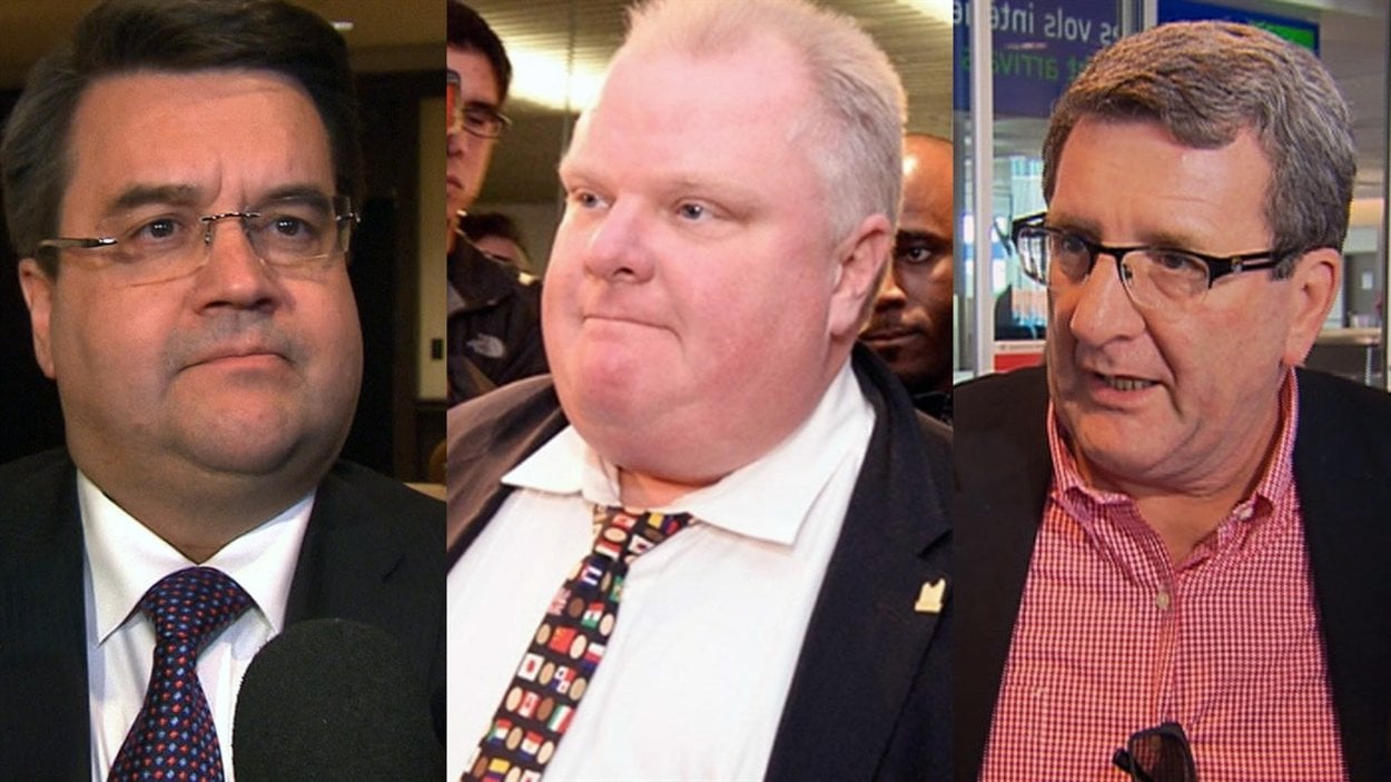 De gauche à droite, les maires Denis Coderre de Montréal, Rob Ford de Toronto et Régis Labeaume de Québec