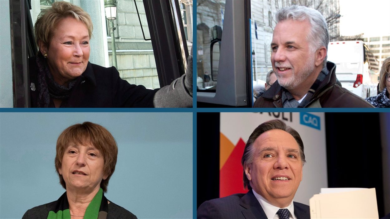 De gauche à droite, de haut en bas : Pauline Marois, Philippe Couillard, Françoise David et François Legault.