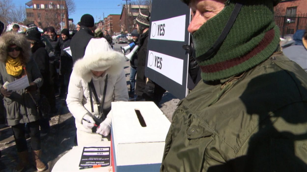 Des citoyens canadiens d'origine ukrainienne se moquent du référendum en Crimée, lors d'une manifestation à Ottawa
