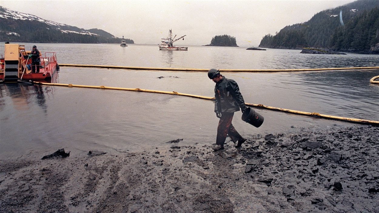 Plage engluée de pétrole dans le détroit du Prince William en Alaska.