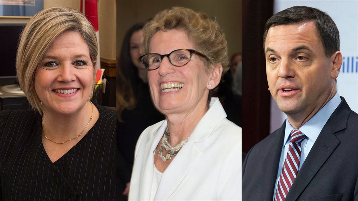 De g. à d., la chef du NPD Andrea Horwath, la première ministre libérale Kathleen Wynne et le chef conservateur Tim Hudak