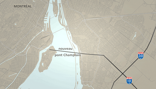 Du côté de l'île de Montréal, il y a deux tracés pour le système léger sur rail : celui de droite est essentiellement aérien (l’option privilégiée en ce moment) et le tracé de gauche est un train souterrain.