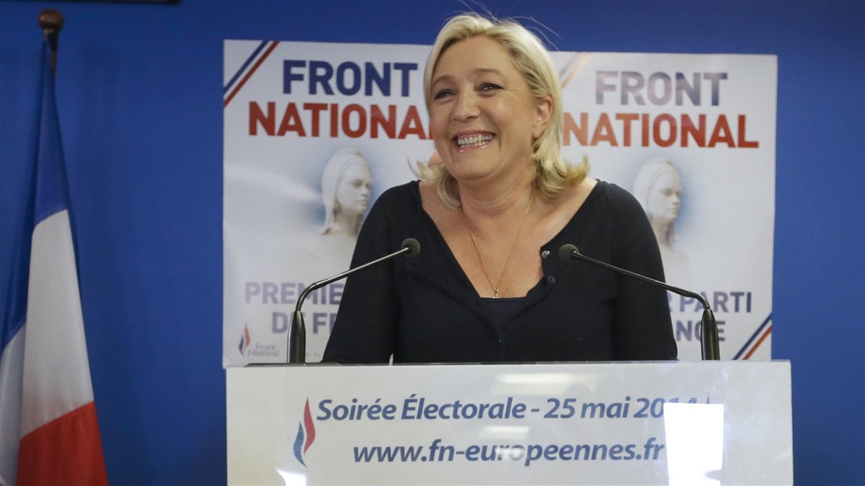 La chef du Front national Marine Le Pen réagissant aux résultats de l'élection européenne en France, le 25 mai 2014