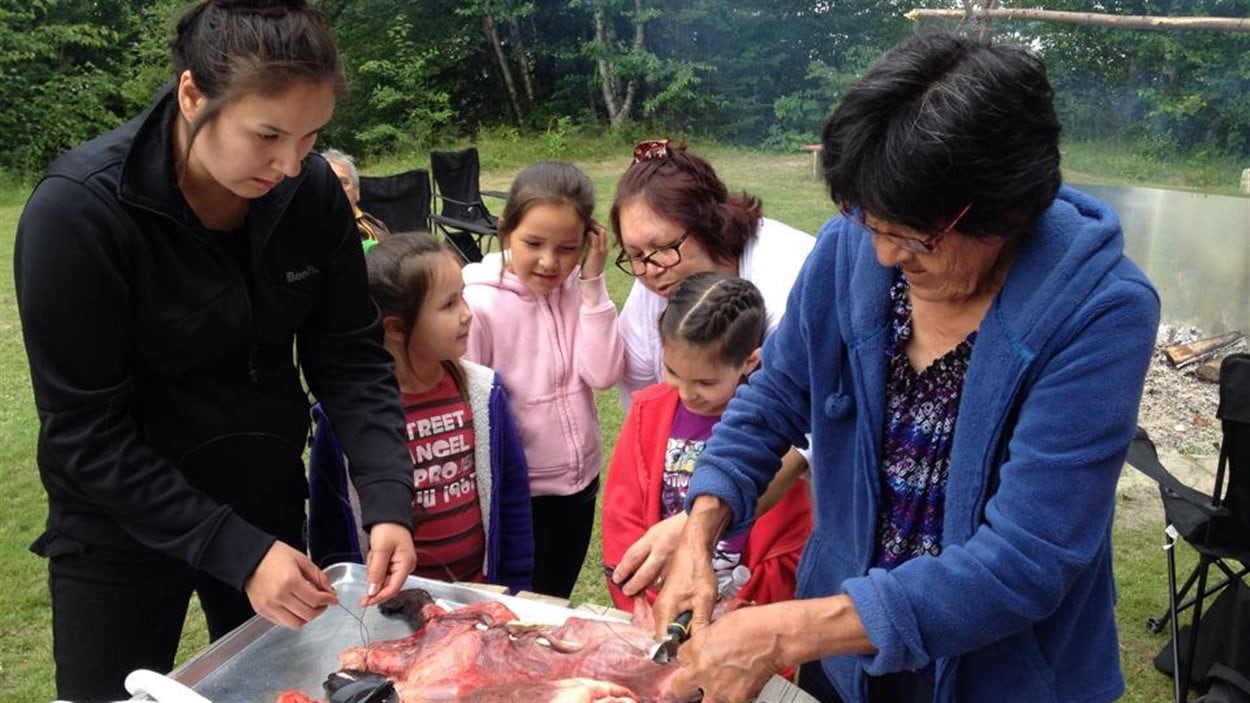 Des aînées montrent aux plus jeunes comment apprêter les outardes, le castor et le cœur d'orignal à la Journée traditionnelle du Centre d'amitié autochtone de Val-d'Or