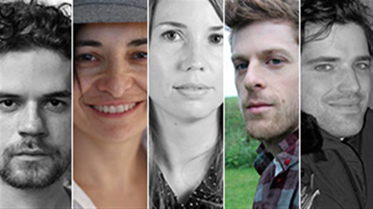 Les finalistes du Prix de poésie Radio-Canada 2014 : François Guerrette, Yolande Jimenez, Janie Handfield, Jonathan Harnois et Marc-André Moutquin.