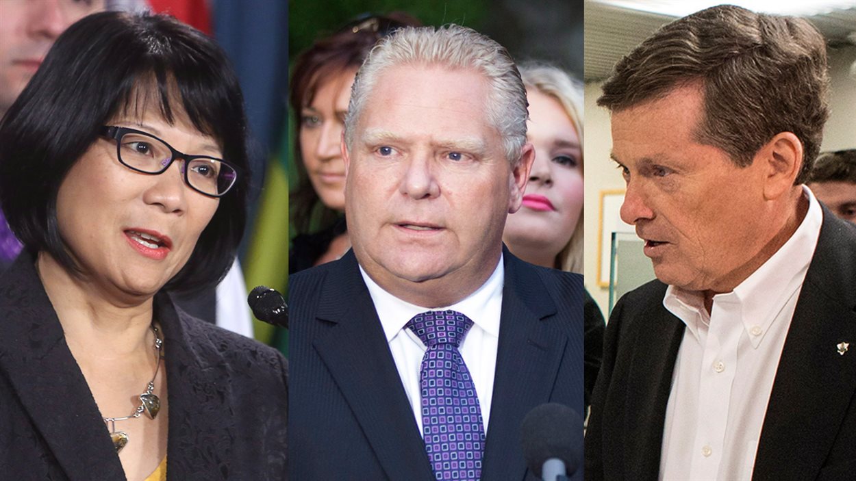 Les principaux candidats à la mairie de Toronto : Oliva Chow, Doug Ford (centre) et John Tory