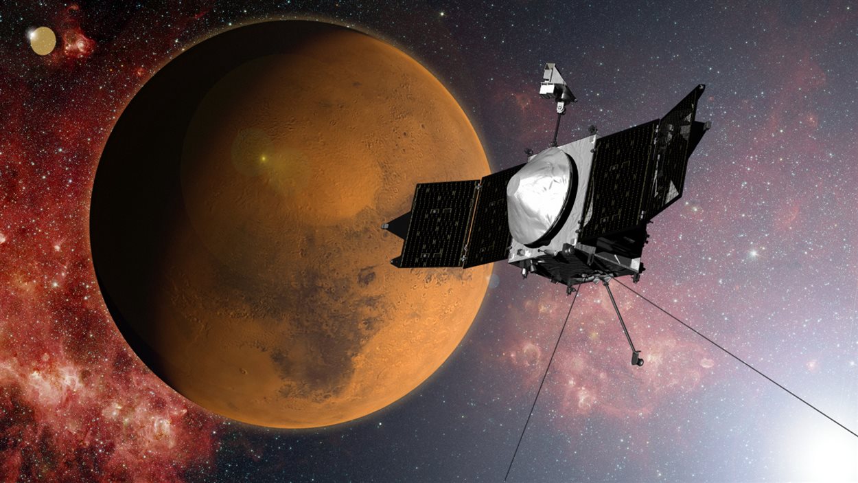 Représentation artistique de la sonde Maven s'approchant de Mars