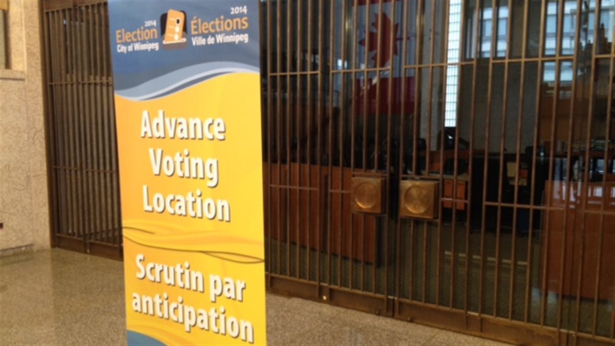Une affiche annonce l'ouverture du scrutin par anticipation à l'hôtel de ville de Winnipeg, le 29 septembre 2014.