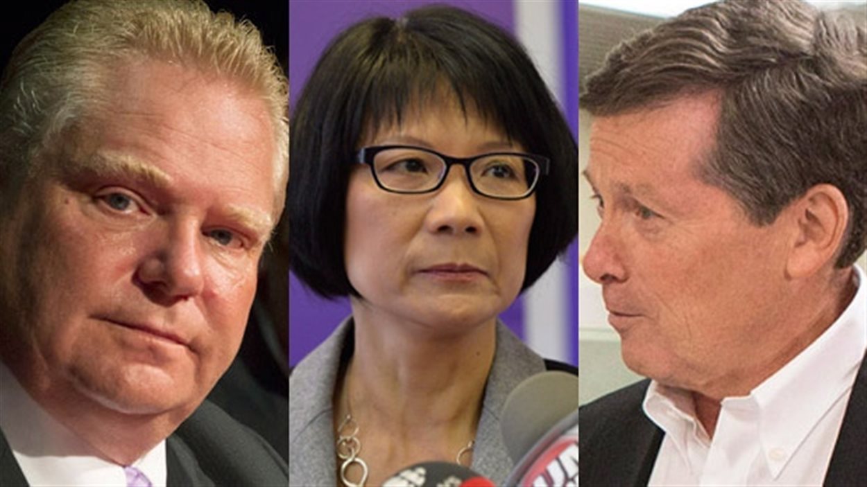 Les candidats à la mairie de Toronto Doug Ford, Olivia Chow et John Tory