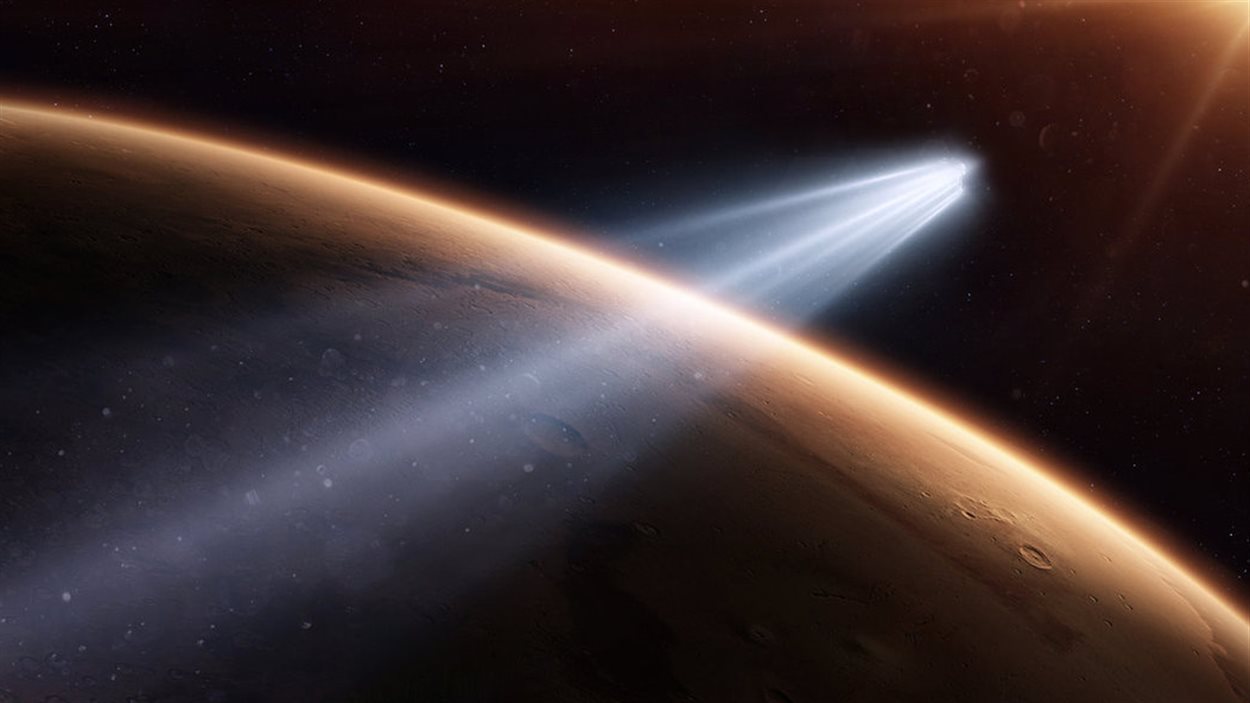 Représentation artistique du passage de la comète dans l'atmosphère de Mars.