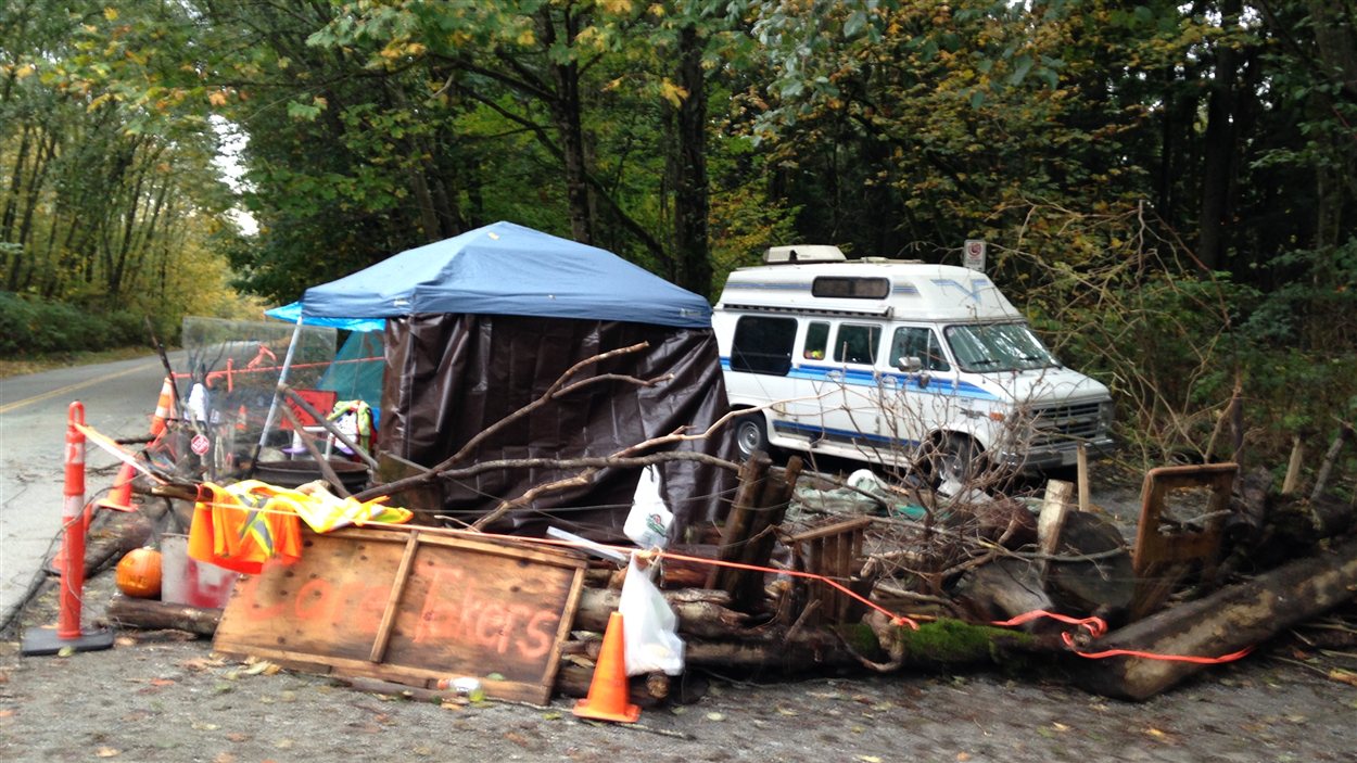 Un camp de fortune a été mis en place au Mount Burnaby par des opposants au projet d'expansion du pipeline Trans Mountain de la compagnie Kinder Morgan.