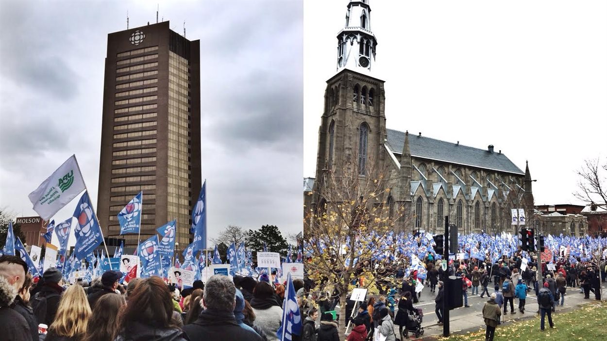 Des milliers de personnes ont manifesté dimanche midi en soutien à Radio-Canada.