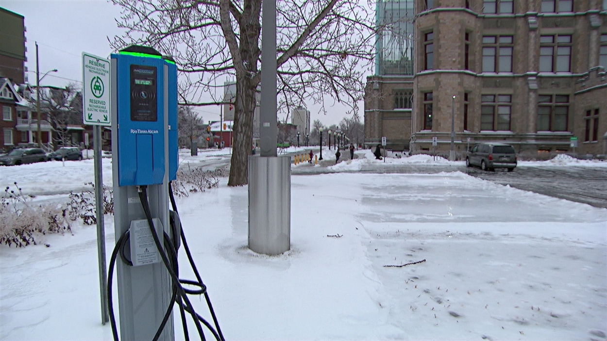 Une borne de recharge pour voiture électrique à Ottawa.