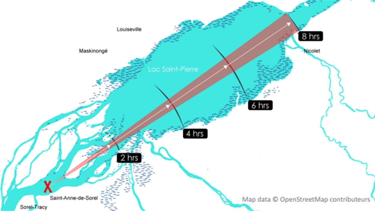 Vitesse de déplacement potentielle des nappes de pétrole avec des vents de force 4 ("jolie brise") du sud-ouest
