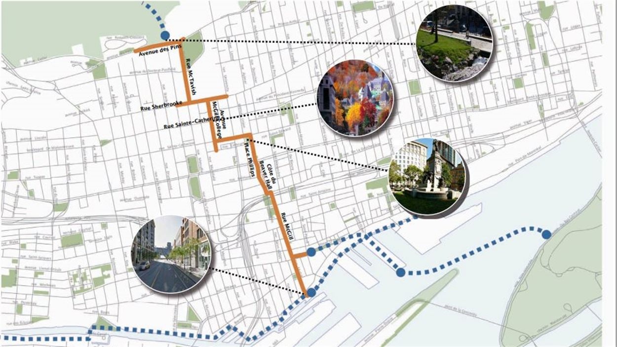  Le tracé de la promenade urbaine qui sera aménagée pour souligner le 375e anniversaire de Montréal