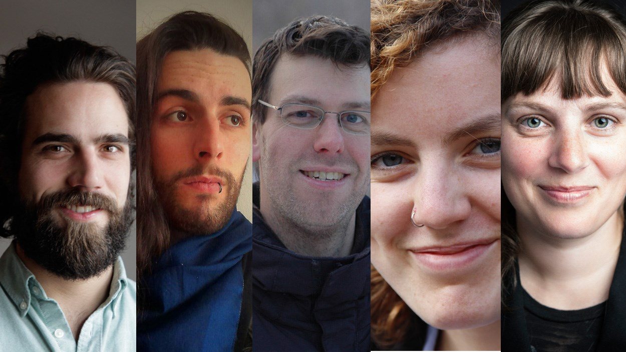 Les 5 finalistes du Prix de la nouvelle Radio-Canada 2015 : Francis Asselin, Julien Beauseigle-Laniel, Jancimon Reid, Kiev Renaud et Annie-Claude Thériault.