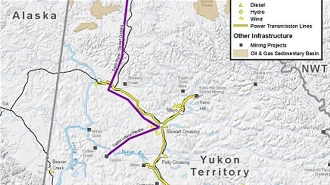 Carte du Yukon situant les options de production et de transport du gaz naturel