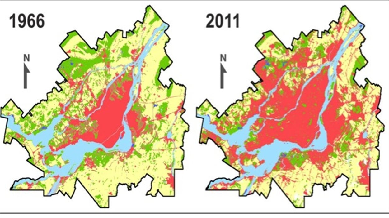 Le milieu urbain (en rouge) s'est étendu dans la région de Montréal aux dépens des forêts (en vert) et des terres agricoles (en jaune)