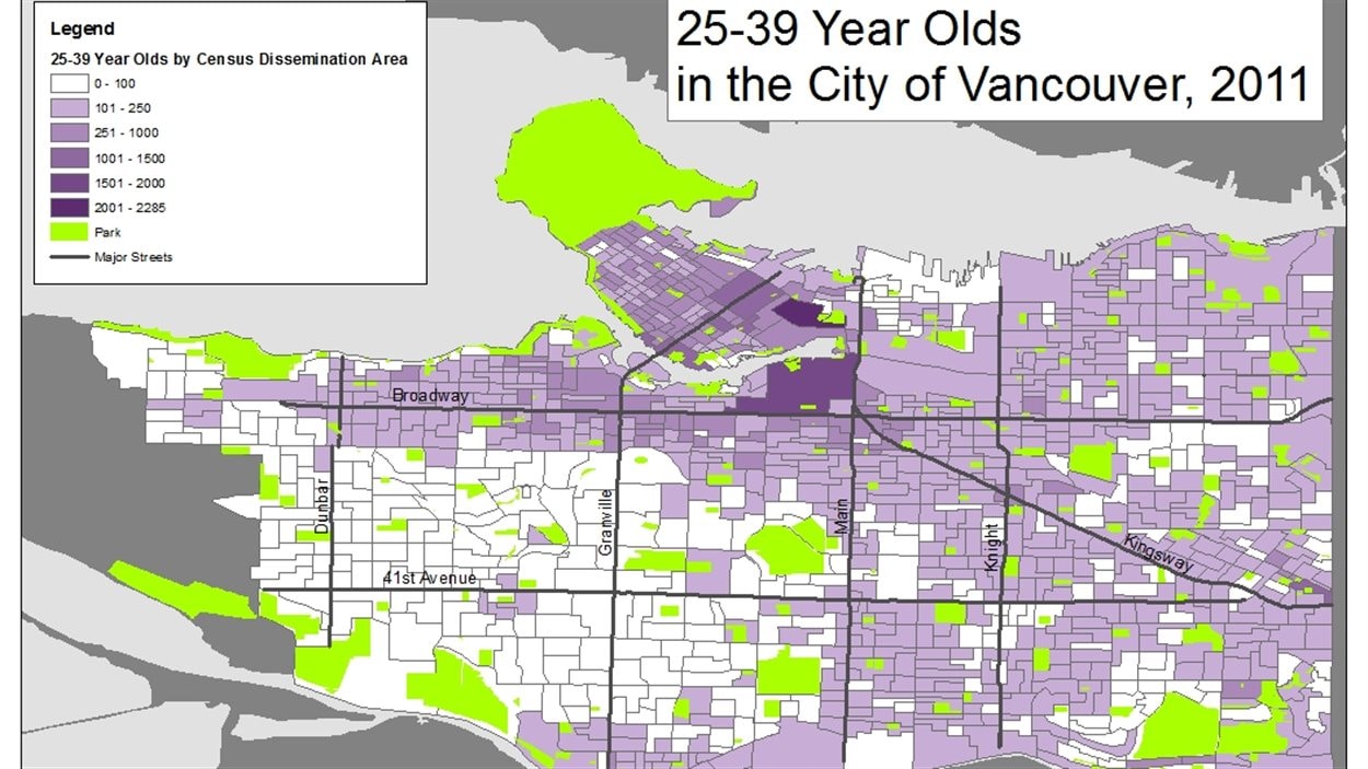 Carte de Vancouver. En blanc, ou mauve le plus clair, les quartiers avec moins de 200 personnes entre 25 et 39 ans à Vancouver.