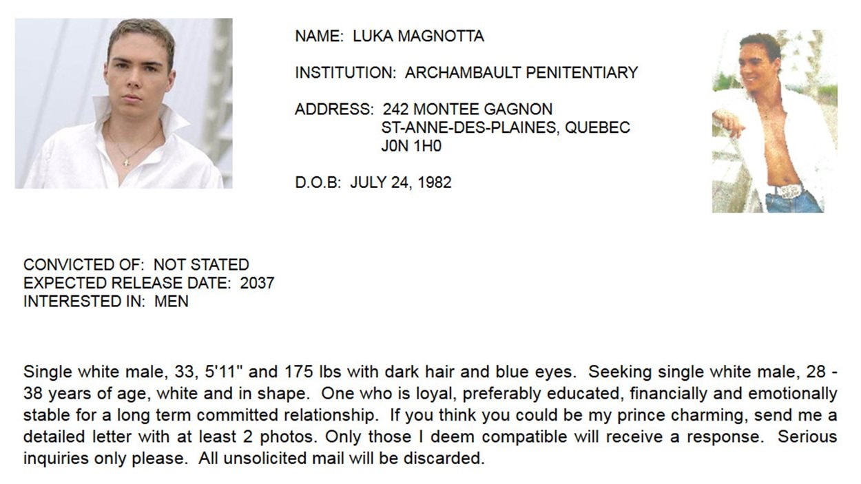 La fiche de Magnotta sur le site Canadian Inmates Connect