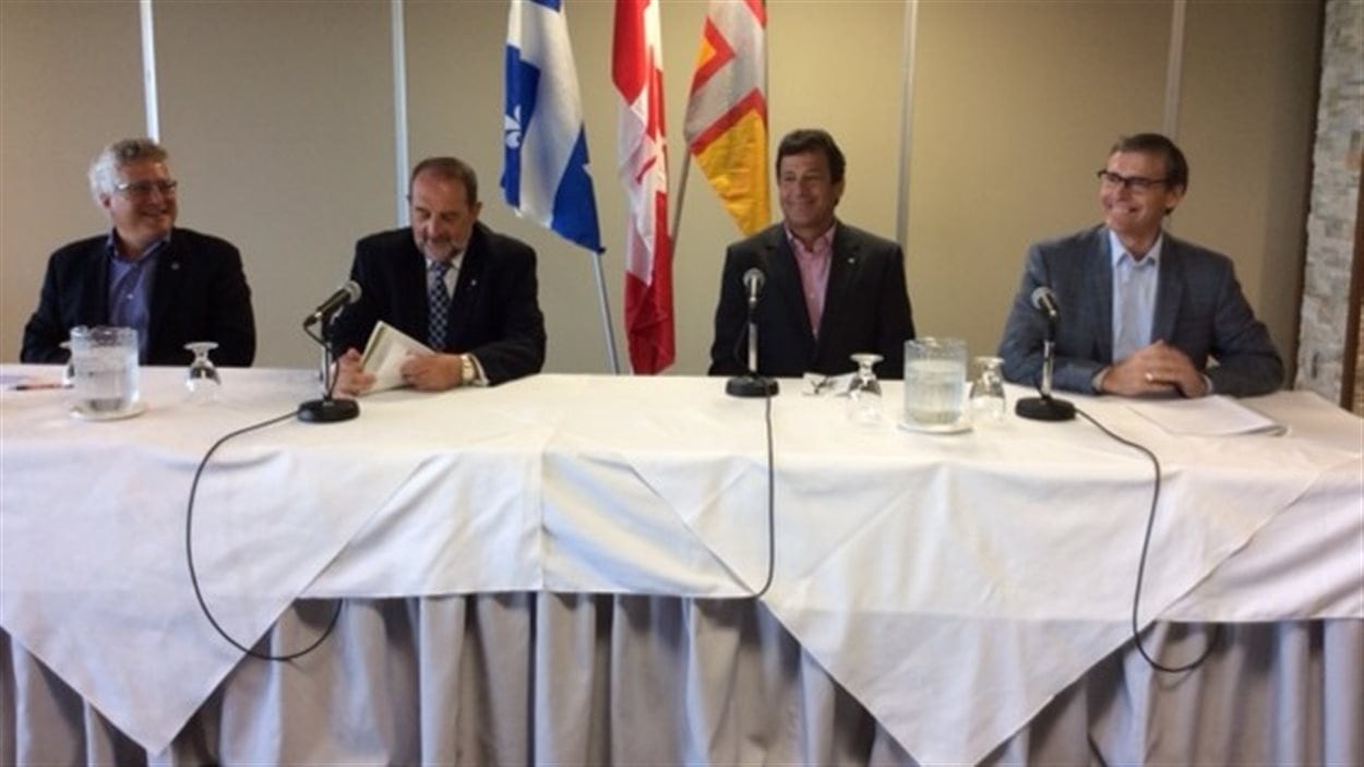 De gauche à droite: André Tremblay, du Conseil de l'industrie forestière du Québec, le ministre Denis Lebel, Réjean Paré, du Groupe Remabec et Richard Garneau de PFR