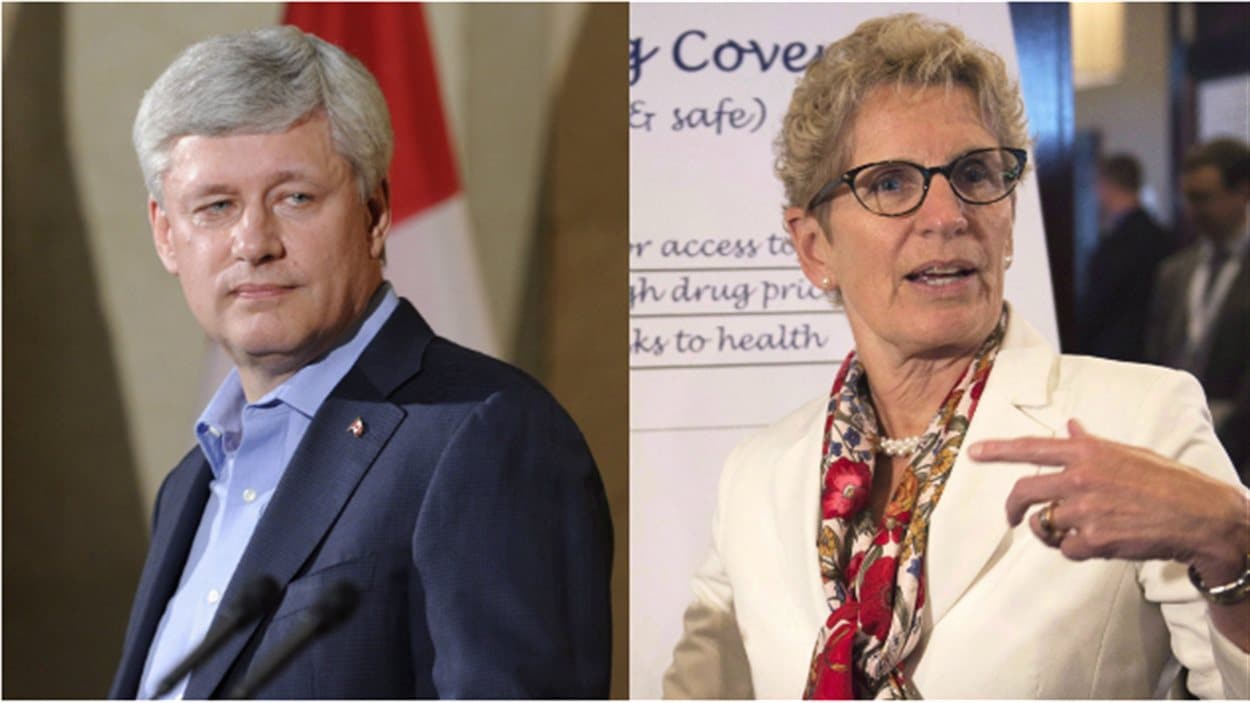 Le chef conservateur Stephen Harper et la première ministre libérale de l'Ontario, Kathleen Wynne