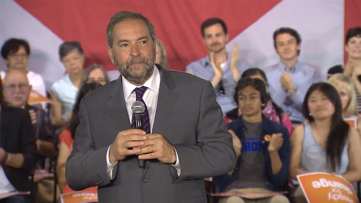 Le chef du NPD, Thomas Mulcair, lors d'un discours prononcé à Toronto lundi matin