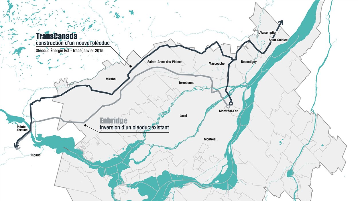 Version non définitive du tracé du projet d'oléoduc Énergie Est dans la région de Montréal