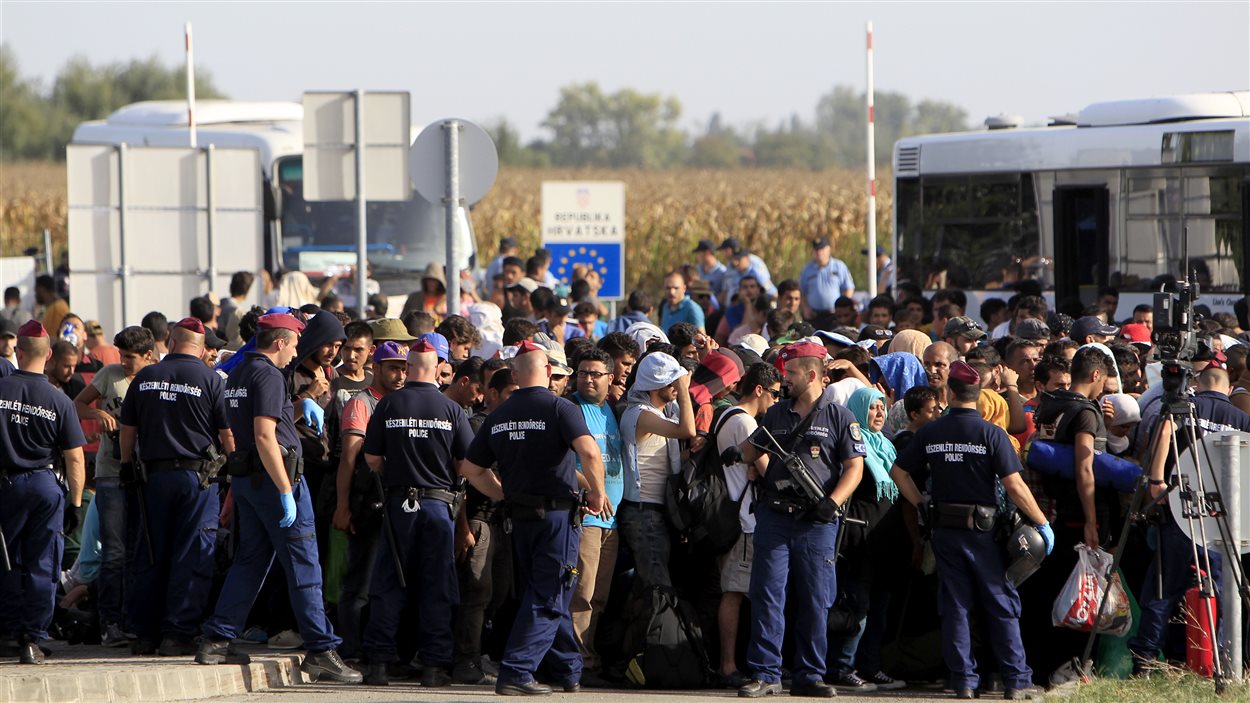 Reconduits au poste-frontière de Beremend par les autorités hongroises, des centaines de migrants ont été accueillis par des policiers équipés de mitrailleuse. Ils ont été embarqués dans d'autres autocars qui se dirigent vers des centres d'hébergement dans le nord du pays.