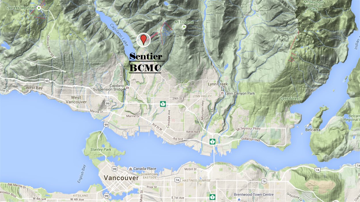 Carte illustrant l'accès au sentier BCMC à North Vancouver.