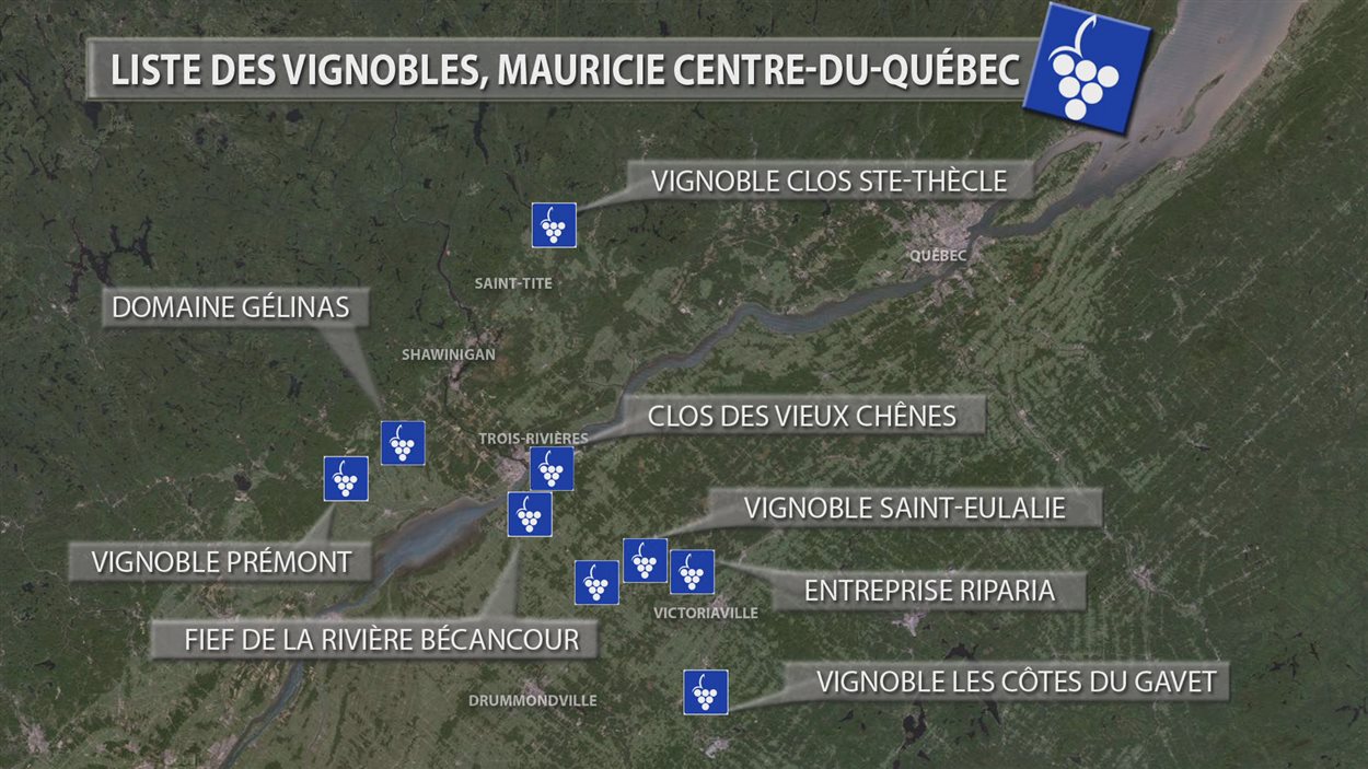 Carte des principaux vignobles de la Mauricie et du Centre-du-Québec