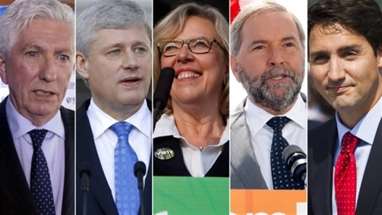 De gauche à droite : Gilles Duceppe, Stephen Harper, Elizabeth May, Thomas Mulcair et Justin Trudeau